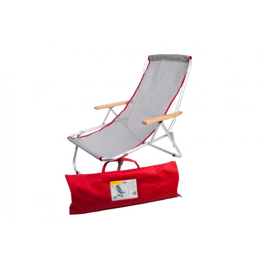 Leżak jednopozycyjny aluminiowy z podłokietnikami składany do torby siatka szara z czerwoną lamówką